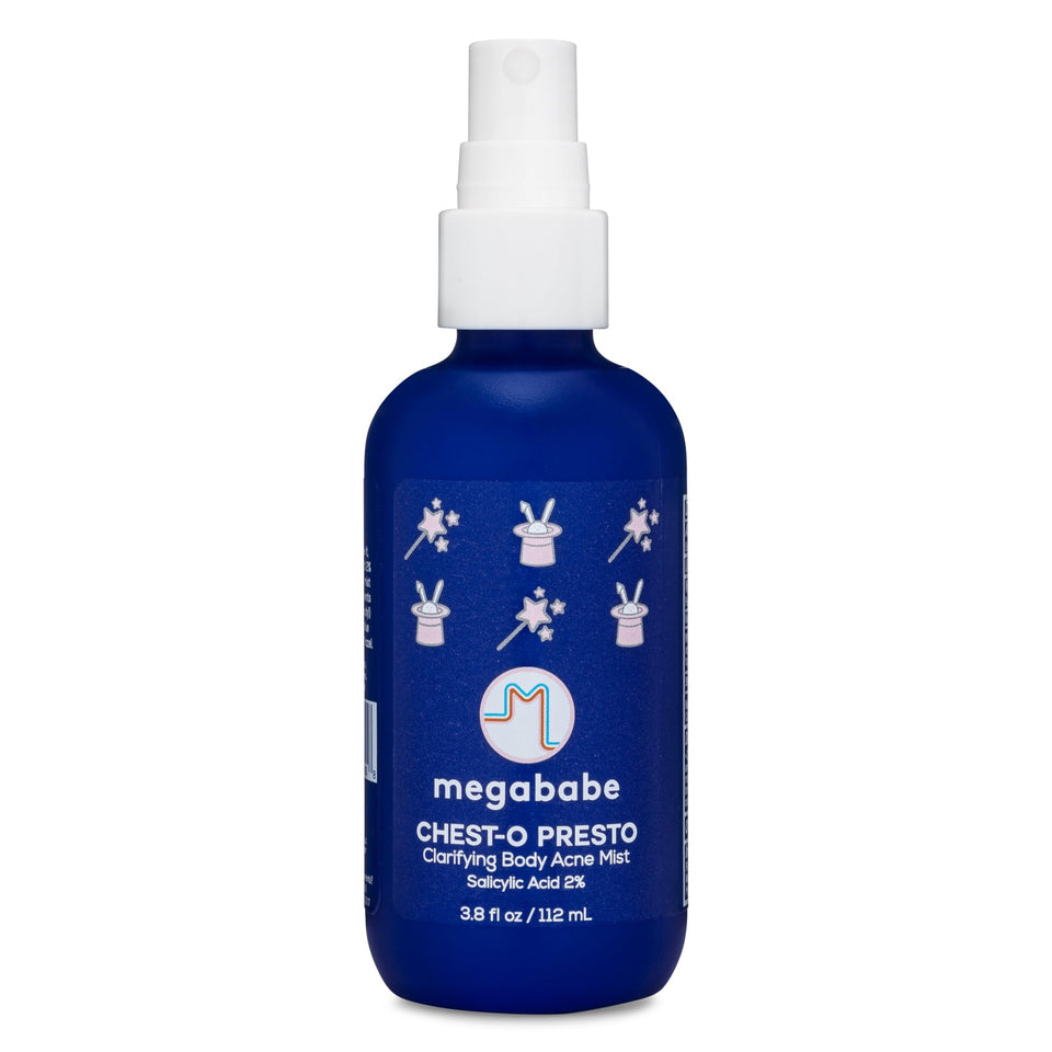 Megababe Chest-o Presto bottle front shows convenient, on-the-go acne care.