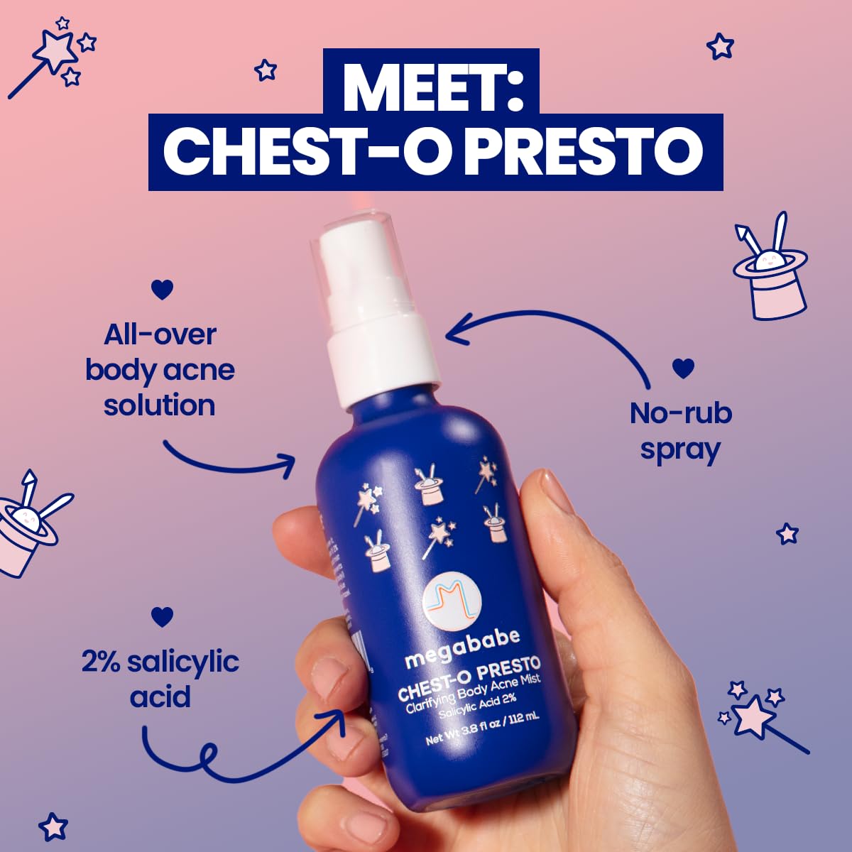 Megababe Chest-o Presto mist-dispense demonstrates easy no-rub application.