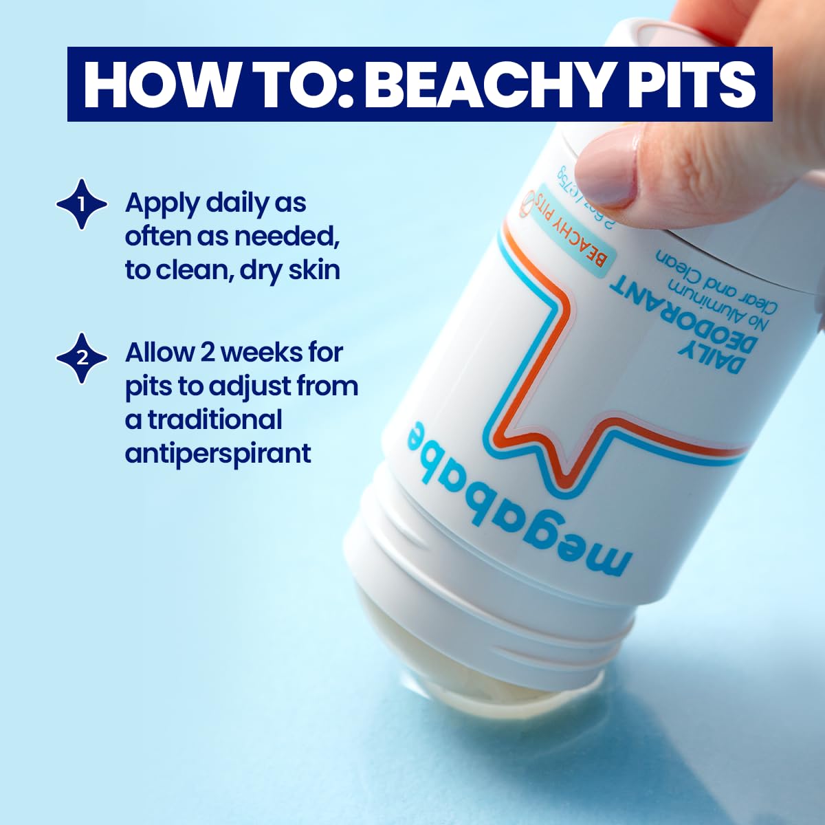 Megababe Daily Deodorant Beachy Pits aluminum-free vegan label visible.
