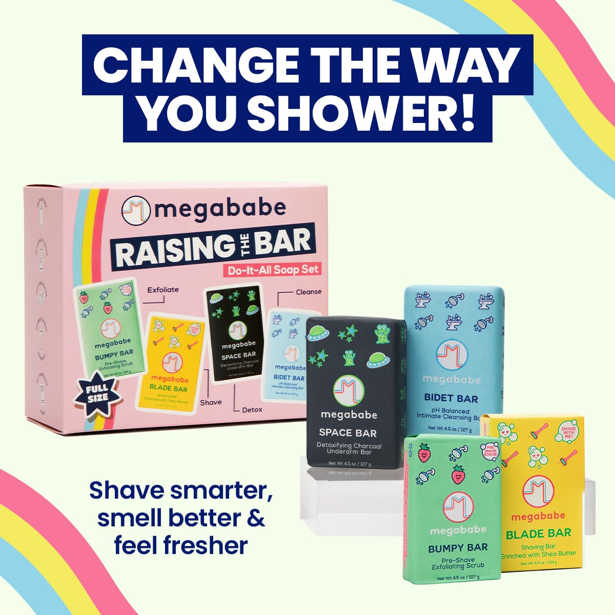 Megababe Raising the Bar Bumpy Bar highlighting pre-shave exfoliation with biodegradable beads