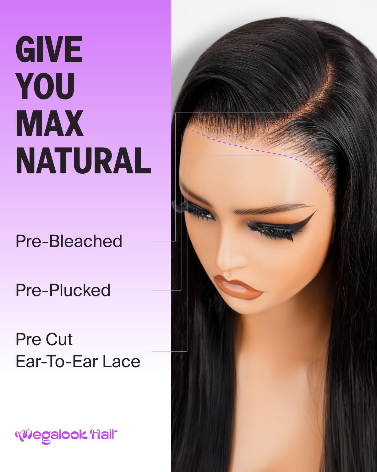 Megalook Hair ear-to-ear lace detail for comfortable, glue-free wear.