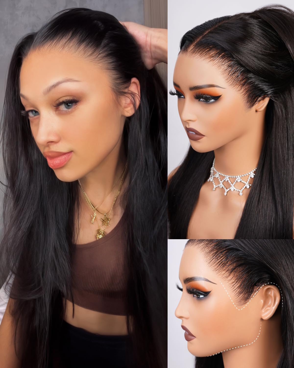 Megalook hair glueless 13x6 lace frontal close-up showing natural hairline and parting