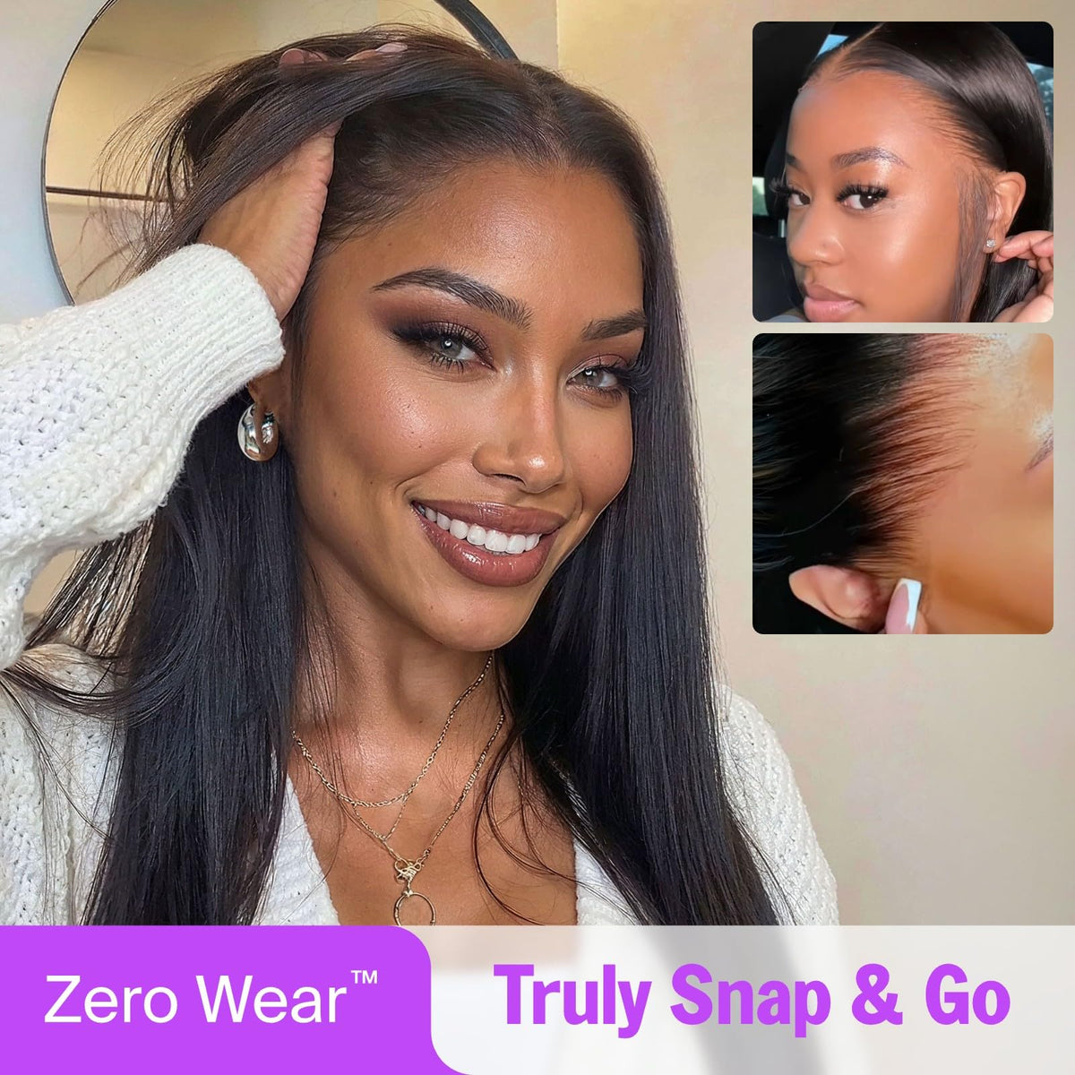 Megalook hair ear-to-ear cap construction for secure, breathable all-day wear