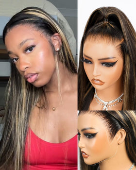 Megalook Hair glueless 13x6 ombre lace front wig front view showing natural parting