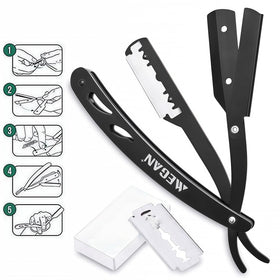 Megan beard kit contents show razor, template, blades, pencil and scissors
