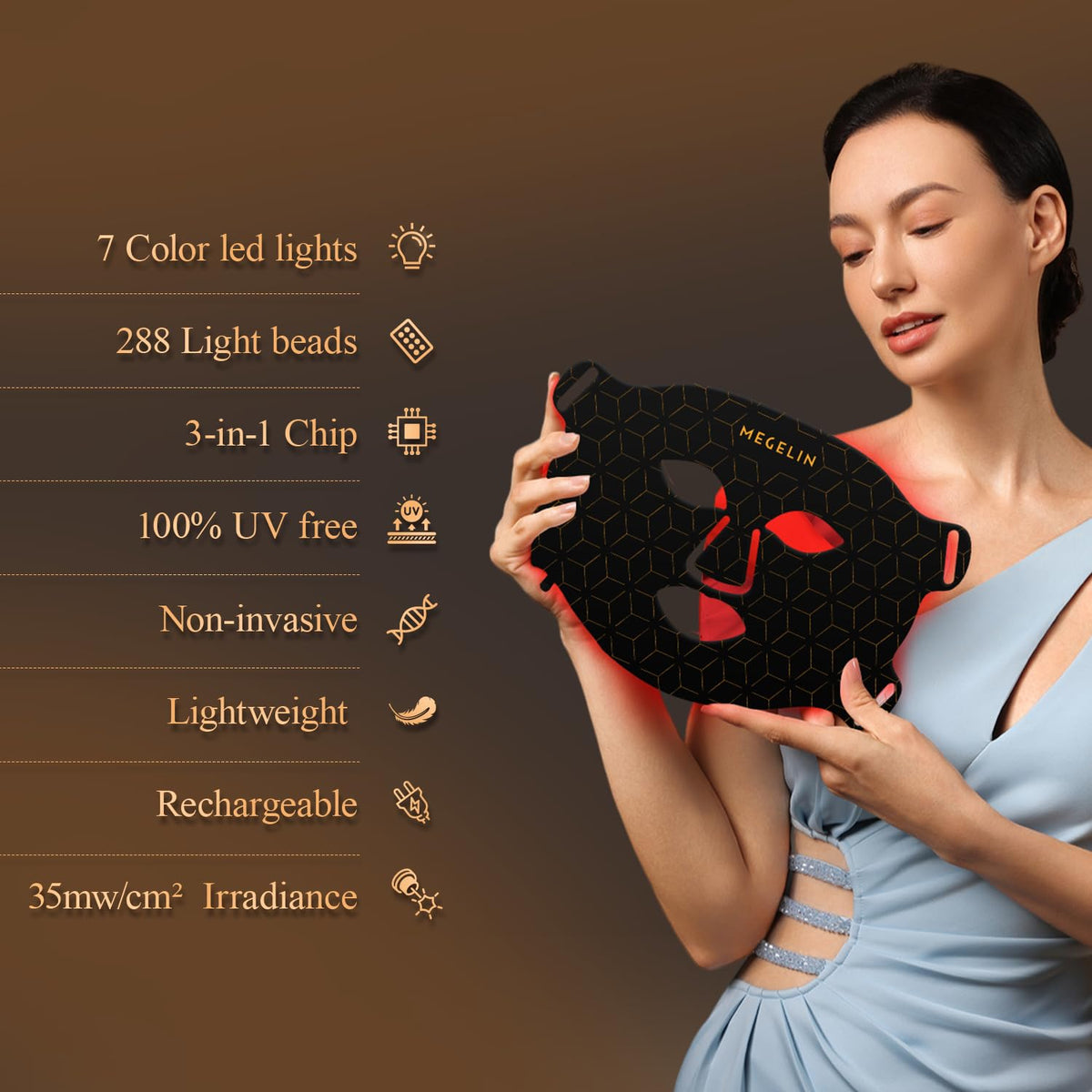 MEGELIN 7-color LED mask side view; adjustable strap fit for comfort