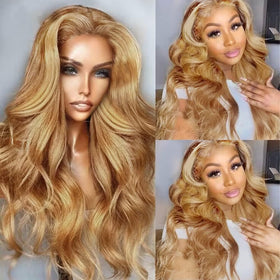 MEGOOD honey blonde wig with body-wave texture offers voluminous movement.