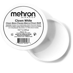 Mehron Clown White face paint cream jar shows bold, smooth coverage for performances