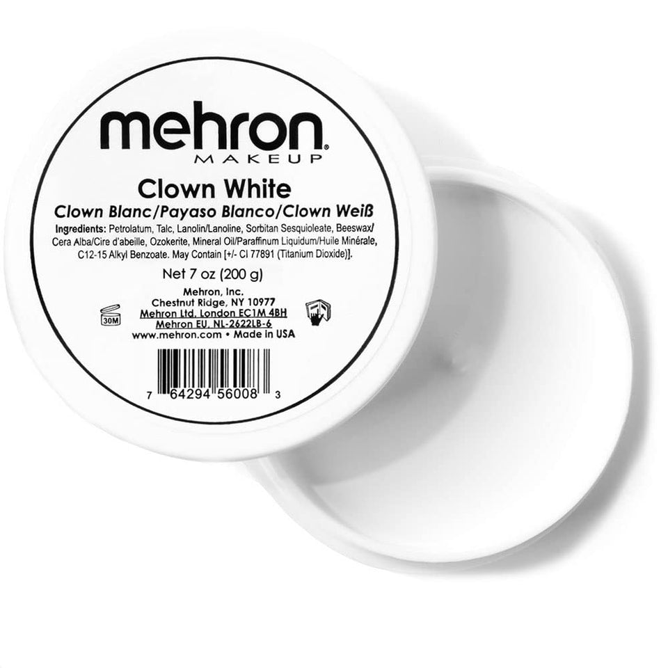 Mehron Clown White face paint cream jar shows bold, smooth coverage for performances