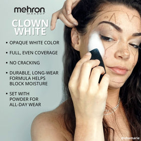 Mehron Clown White stage makeup application demonstrates blendable, long-wearing color