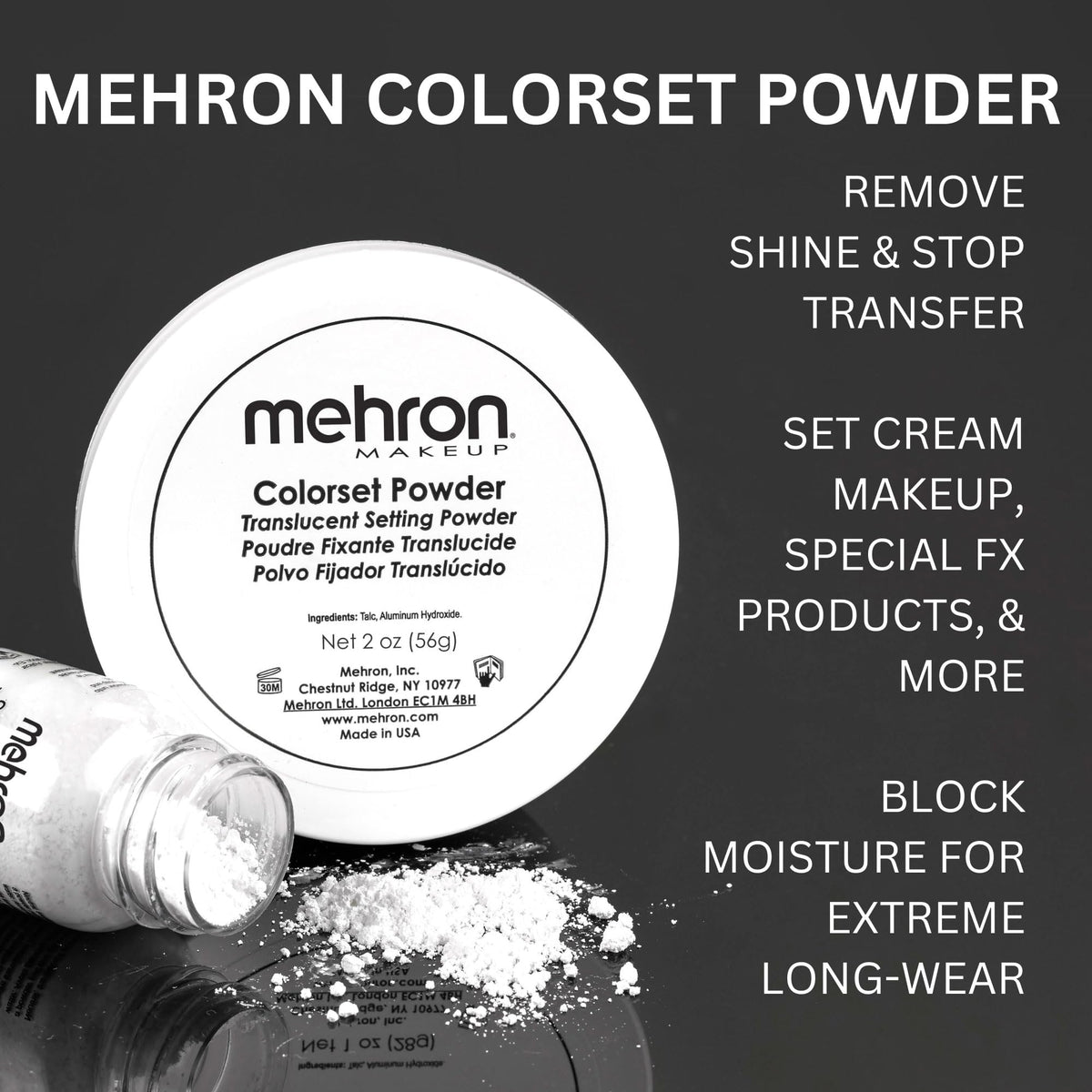 Mehron Colorset Powder absorbs moisture from cream-based makeup.