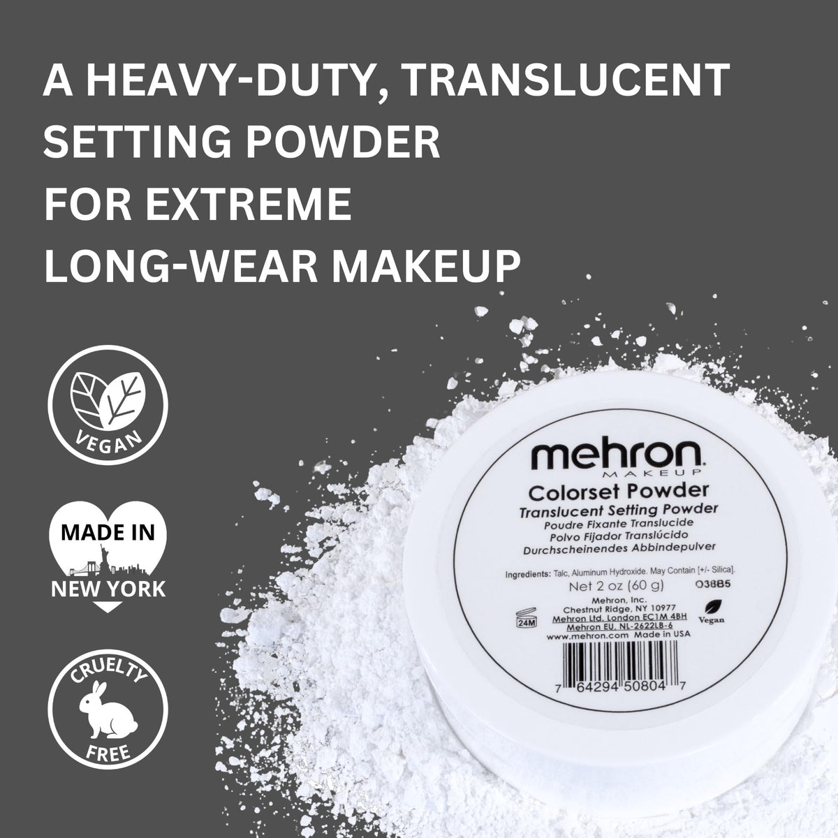 Mehron Colorset Powder applied with puff locks makeup for all-day wear.