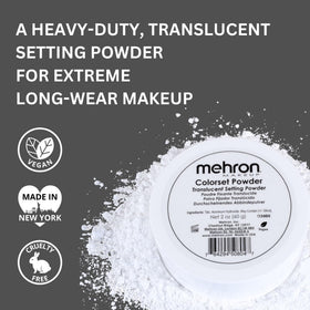 Mehron Colorset Powder applied with puff locks makeup for all-day wear.