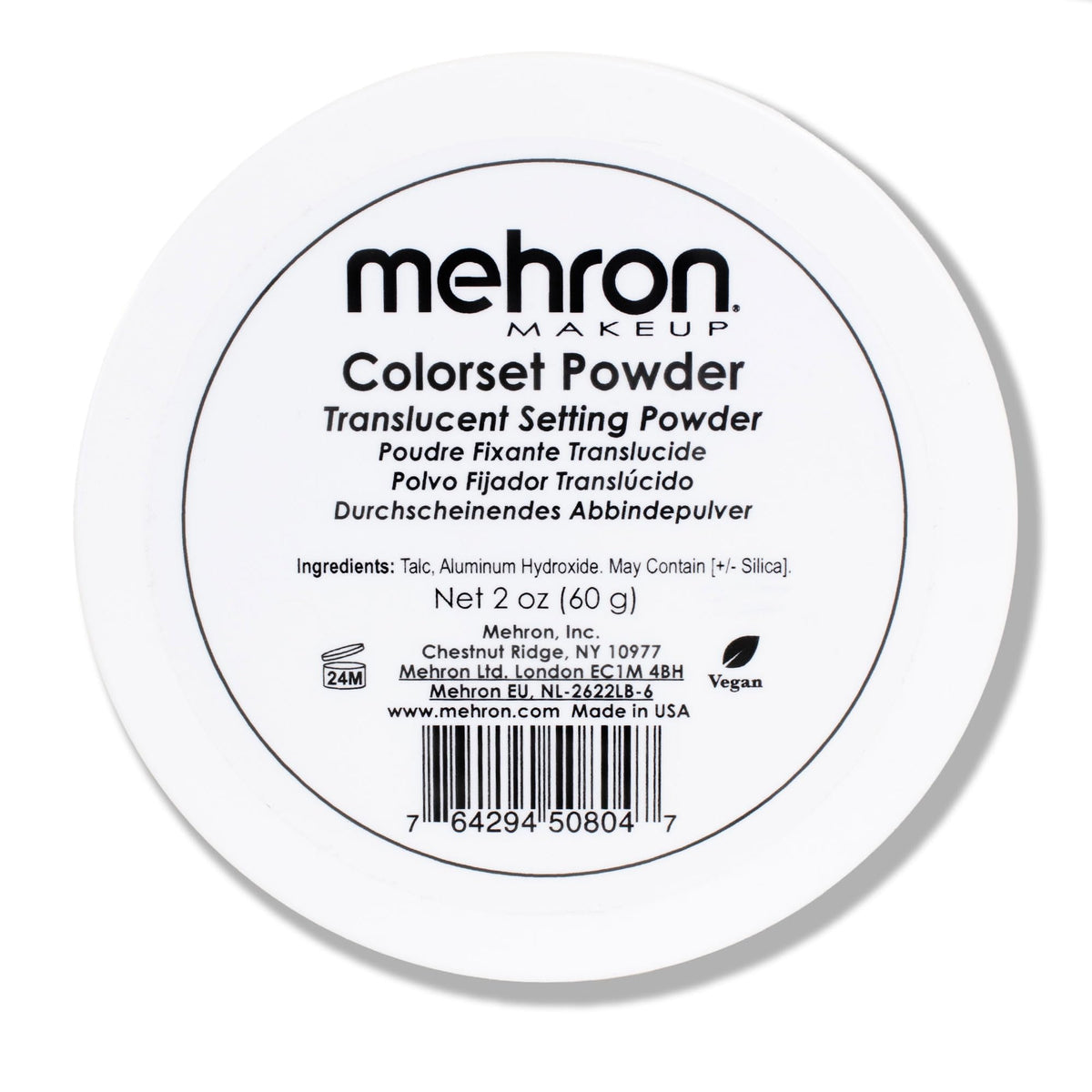 Mehron Colorset Powder close-up shows translucent finish for oil control.