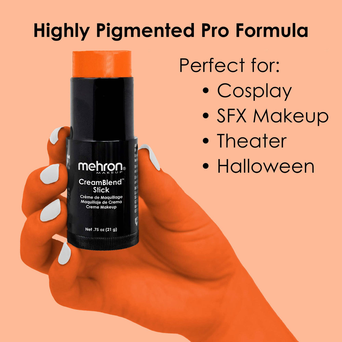 Mehron CreamBlend Orange Stick used for Halloween makeup on the face