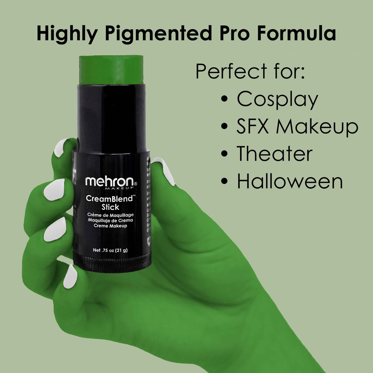 Mehron CreamBlend Green swirled on skin for smooth color payoff.