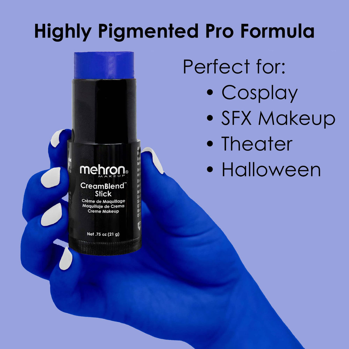 Mehron CreamBlend blue makeup with Vitamin E for skin-friendly stage color.
