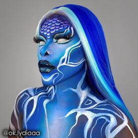 Mehron CreamBlend blue stick used for full-body paint in Halloween costumes and performances.