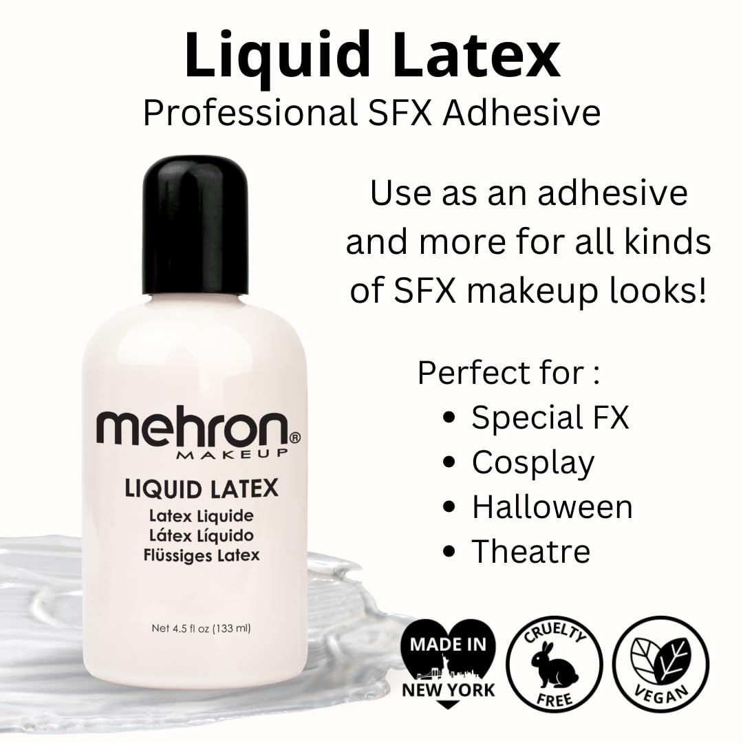 Mehron Liquid Latex prosthetic adhesive enables secure attachment for prop appliances.