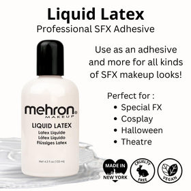 Mehron Liquid Latex prosthetic adhesive enables secure attachment for prop appliances.