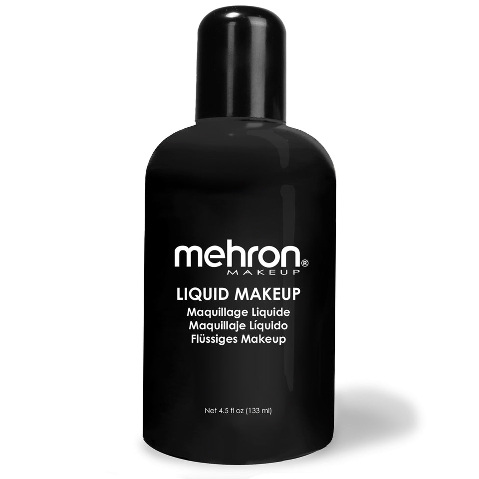 Mehron Liquid Makeup black bottle pour shows quick-drying professional finish.