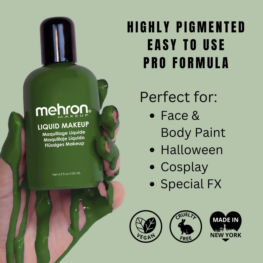 Mehron Liquid Makeup green used in a Halloween look for bold style