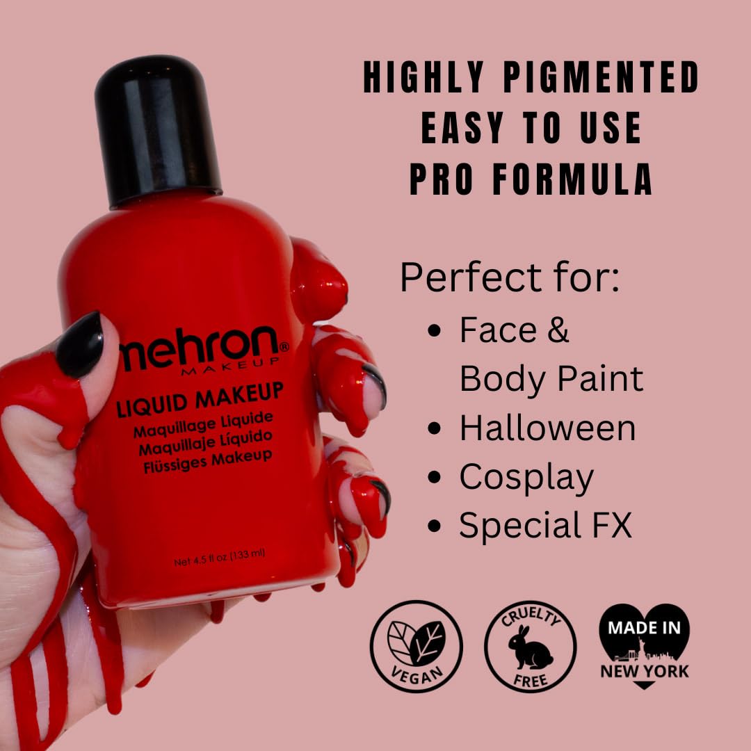 Red liquid on skin with pigment blend—smooth coverage for vivid cosplay color.