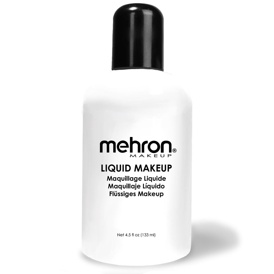 Mehron Liquid Makeup white bottle pour showing professional long lasting color for stage and film
