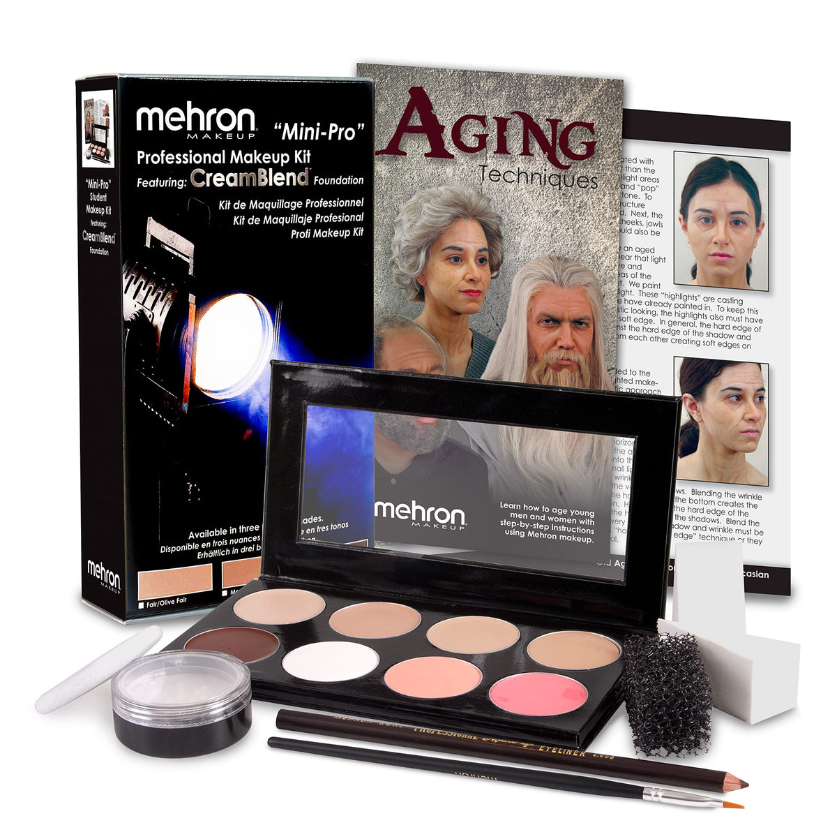Mehron Mini-Pro Student Kit palette swatches showing rich stage pigments.