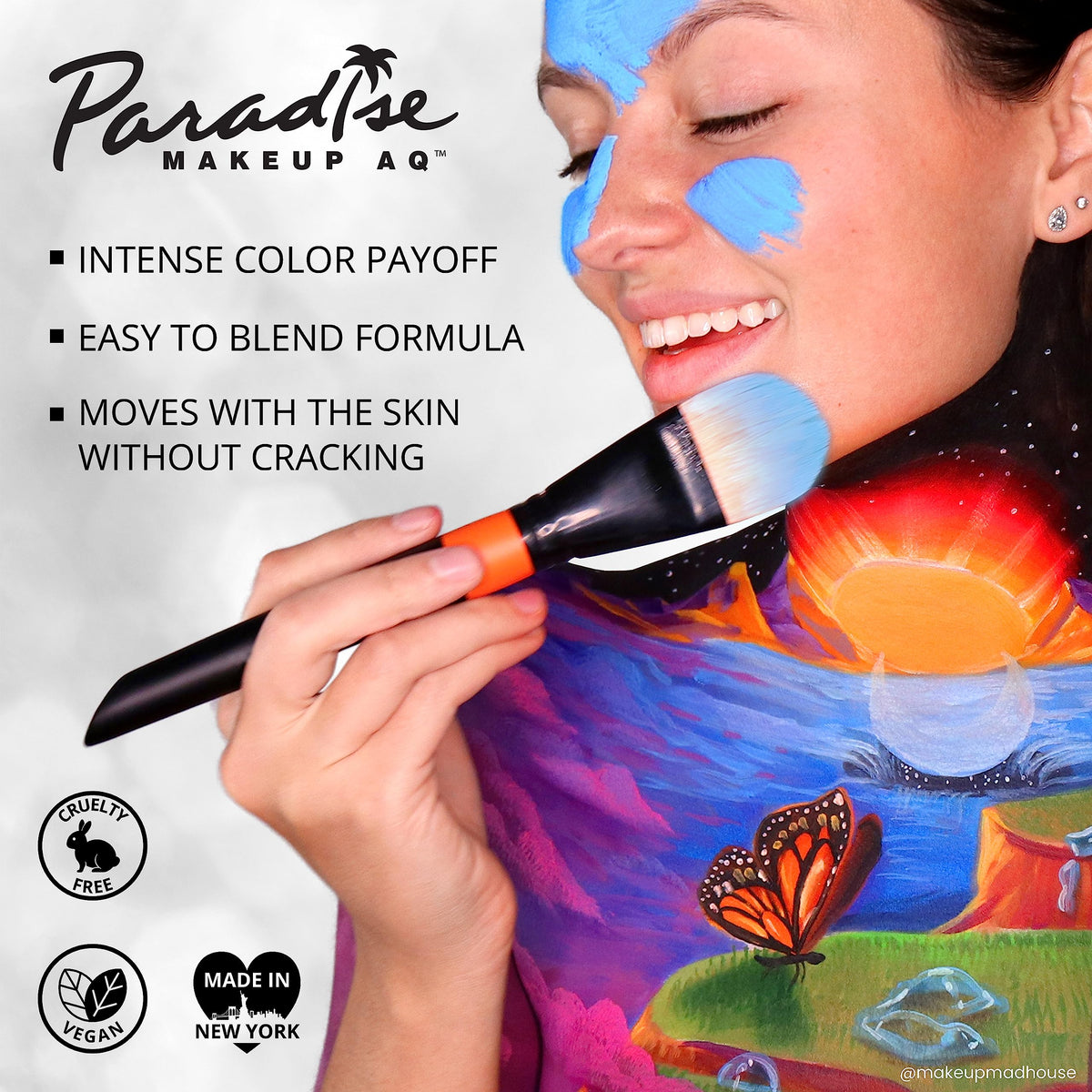 Mehron Paradise FX neon glow under blacklight for bold stage effects.
