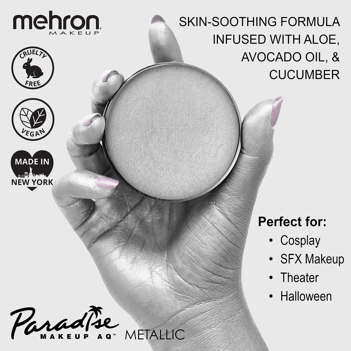 Close-up of Mehron Paradise FX Silver being blended smoothly on skin.