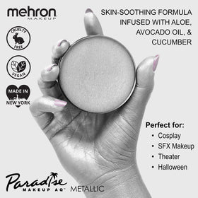 Close-up of Mehron Paradise FX Silver being blended smoothly on skin.