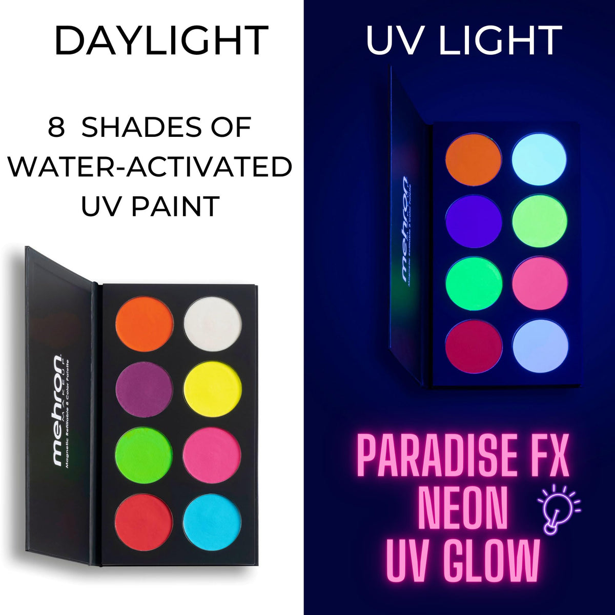 Mehron Paradise FX Neon UV Glow paint pots ready for precise detailing