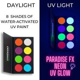 Mehron Paradise FX Neon UV Glow paint pots ready for precise detailing