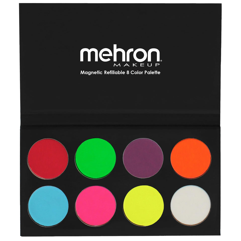 Mehron Paradise FX Neon UV Glow palette closed showcasing eight neon colors for stage makeup