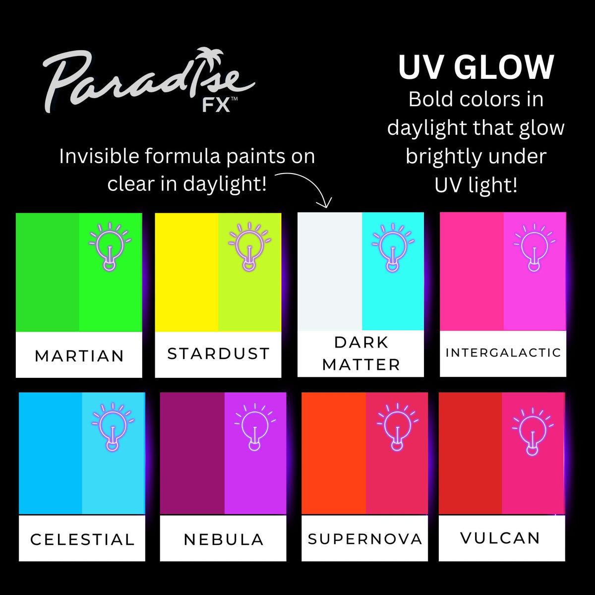 Eight neon shades in Mehron Paradise FX Neon UV Glow palette for quick color choice