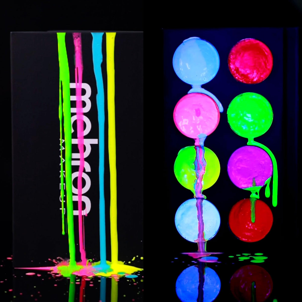 Mehron Paradise FX Neon UV Glow palette open with vibrant neon pans for cosplay looks