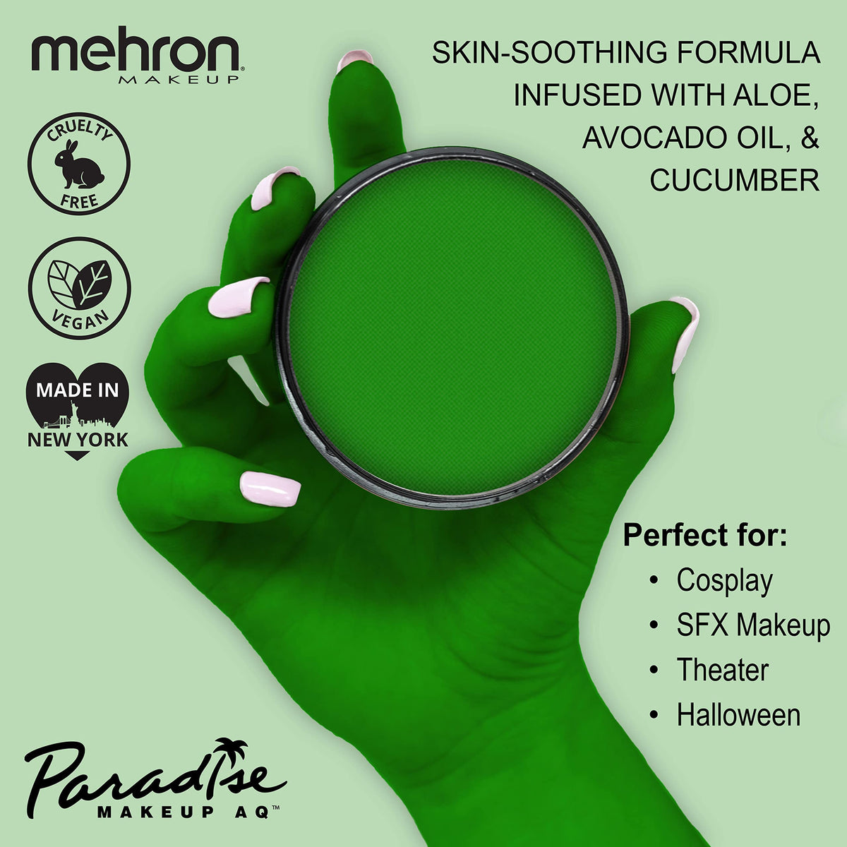 Mehron Paradise Makeup AQ color swatch palette reveals vibrant matte and metallic shades for versatile looks.
