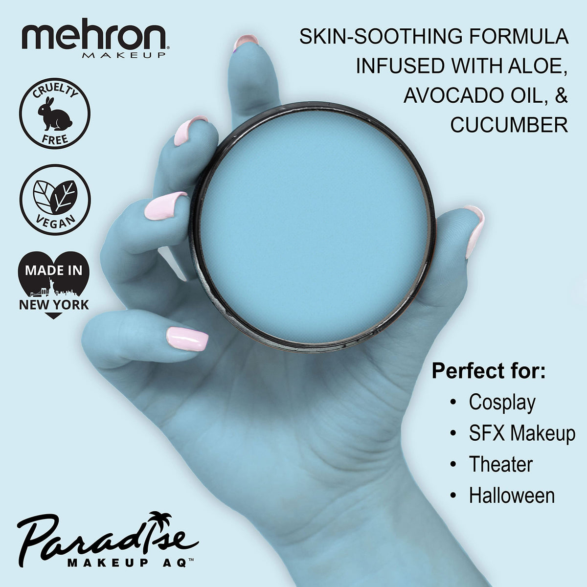 Mehron Paradise AQ swatches display rich pigments and diverse finishes.