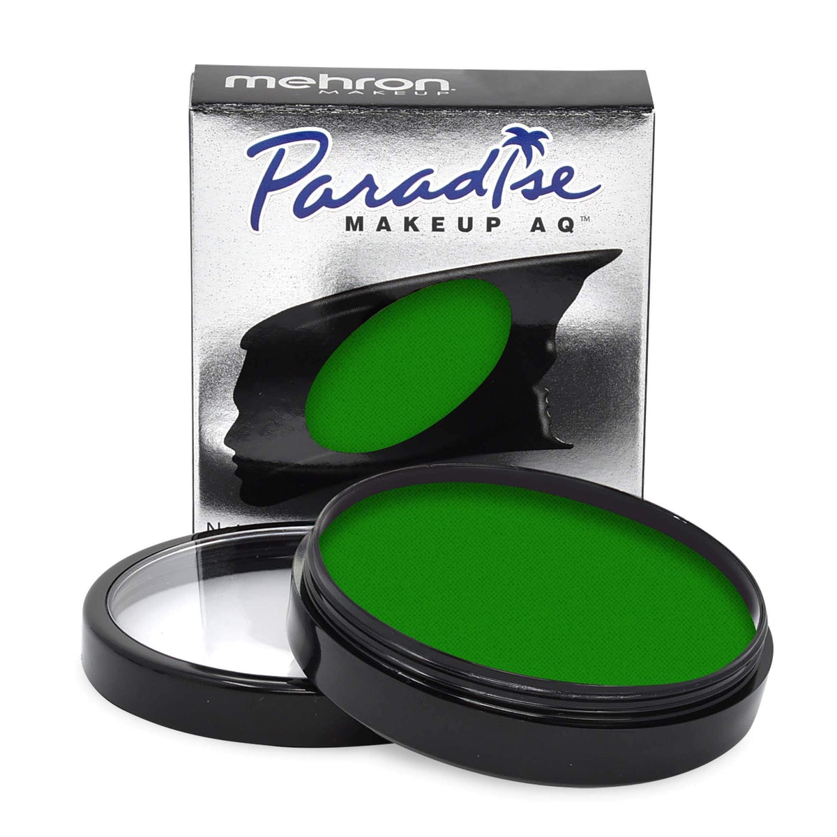 Mehron Paradise Makeup AQ Pro Size bottle closeup shows rich green color and easy blending.