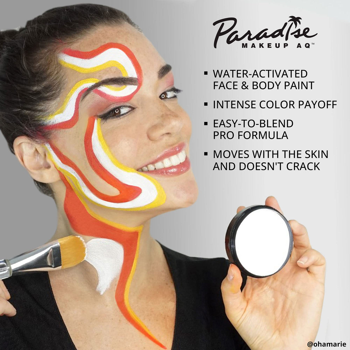 Mehron Paradise Makeup AQ on stage model demonstrates blendable color for bold performances.