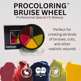 Mehron Pro FX Bruises Wheel bright red shade for fresh bruise effects on face and body.