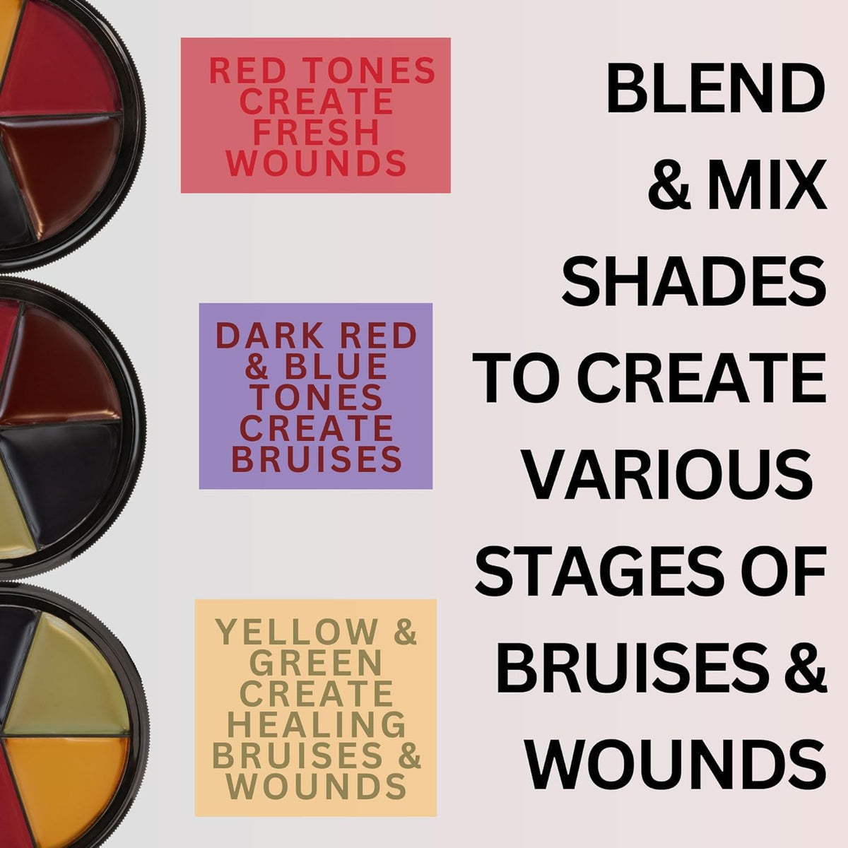 Mehron Pro FX Bruises Wheel dark blue shade adds cool bruising shadows.