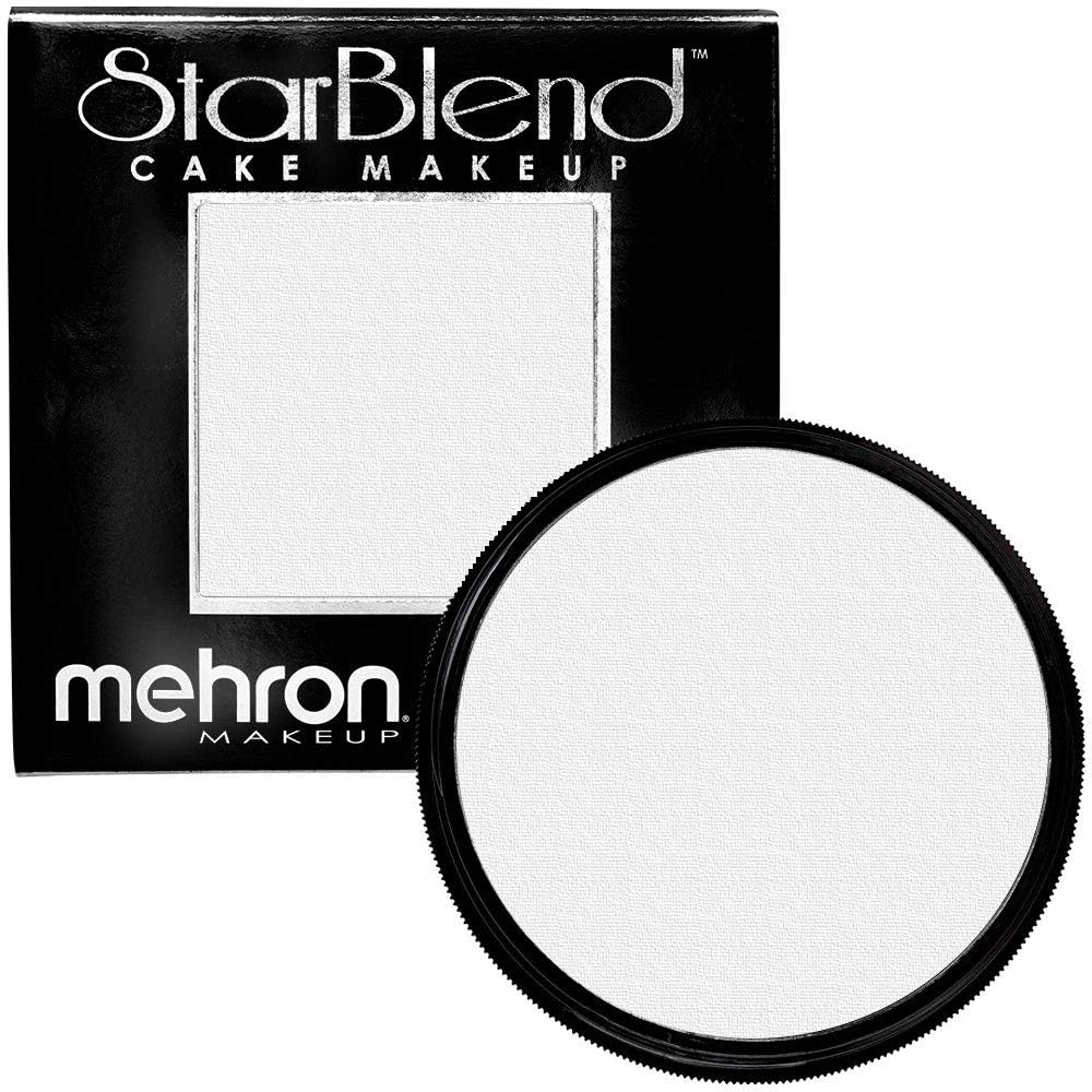 Mehron StarBlend Cake White packaging close-up, premium pressed powder for versatile makeup looks.