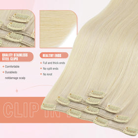 Two-inch-wide wefts from MEI YUAN LIN clip-ins for versatile styling in platinum blonde