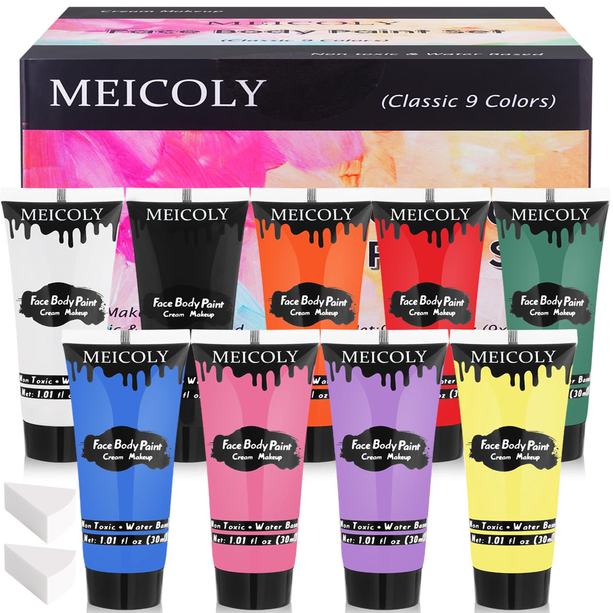 MEICOLY 9-color face paint set in a box for bold cosplay looks.