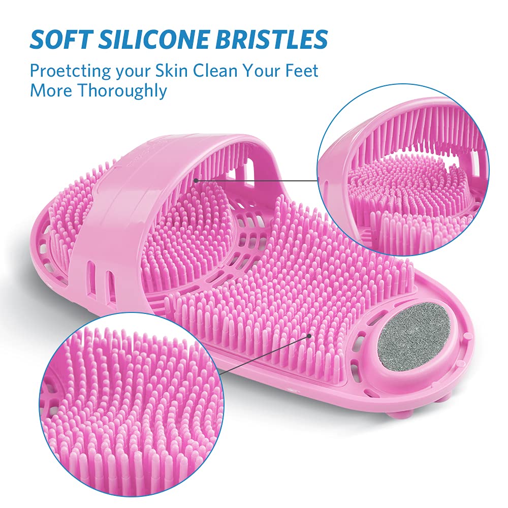 Meidong silicone shower foot scrubber pink side angle showing secure shower use