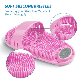 Meidong silicone shower foot scrubber pink side angle showing secure shower use