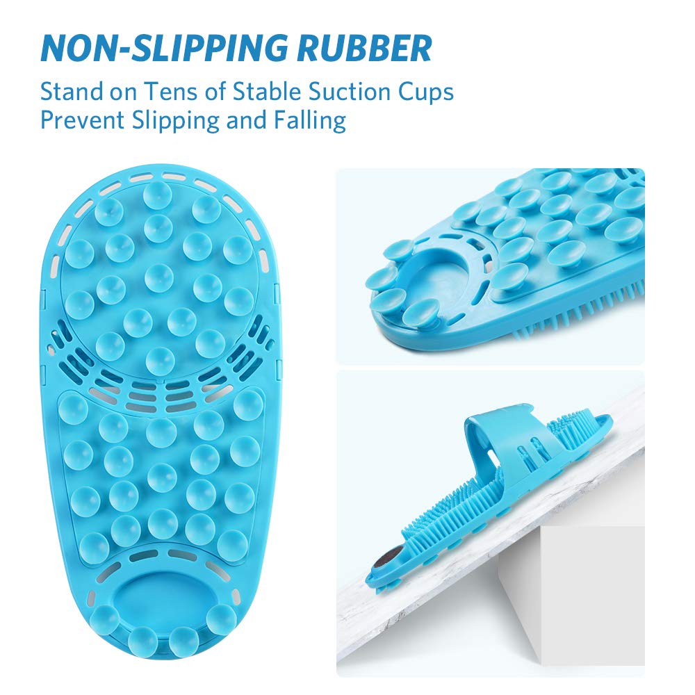 Meidong silicone shower foot scrubber in use on wet surface, grip remains secure