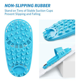 Meidong silicone shower foot scrubber in use on wet surface, grip remains secure